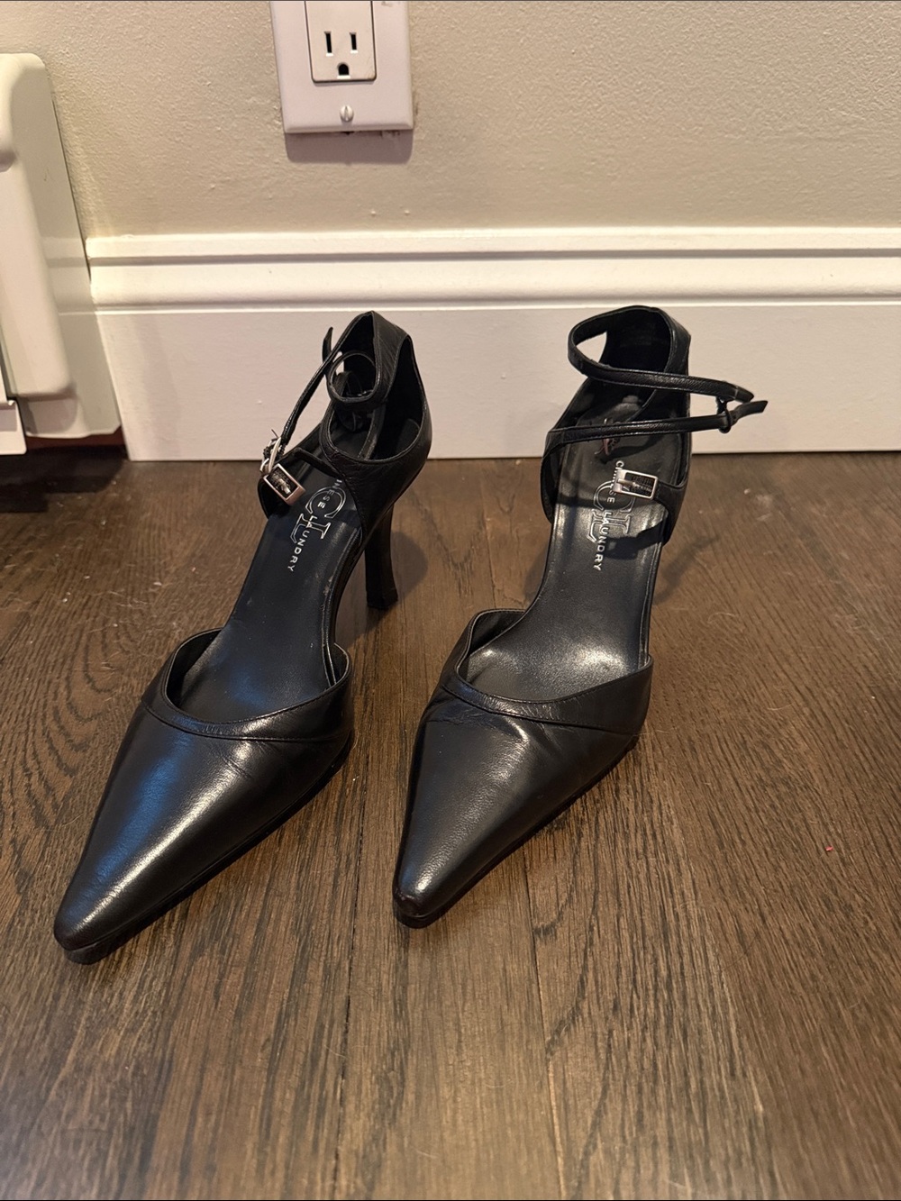Chinese Laundry Black Pointed-Toe Ankle-Strap Heels